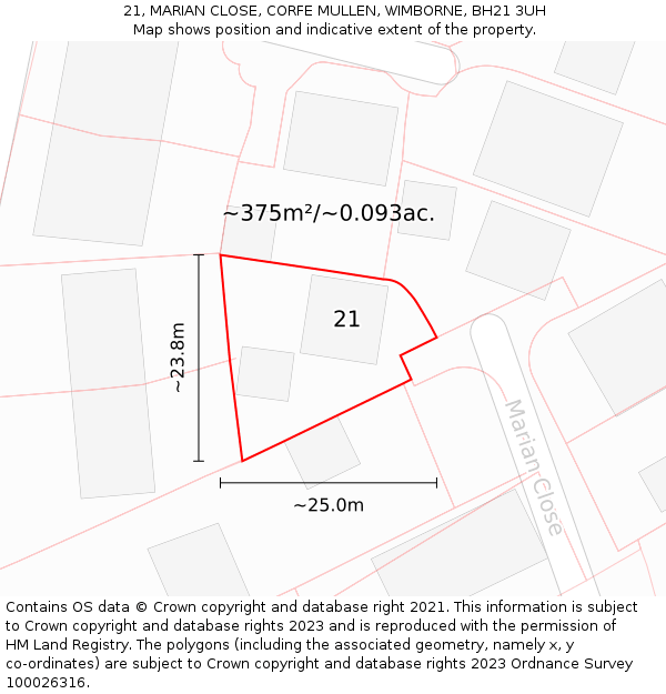 21, MARIAN CLOSE, CORFE MULLEN, WIMBORNE, BH21 3UH: Plot and title map