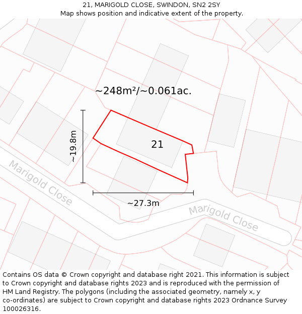 21, MARIGOLD CLOSE, SWINDON, SN2 2SY: Plot and title map