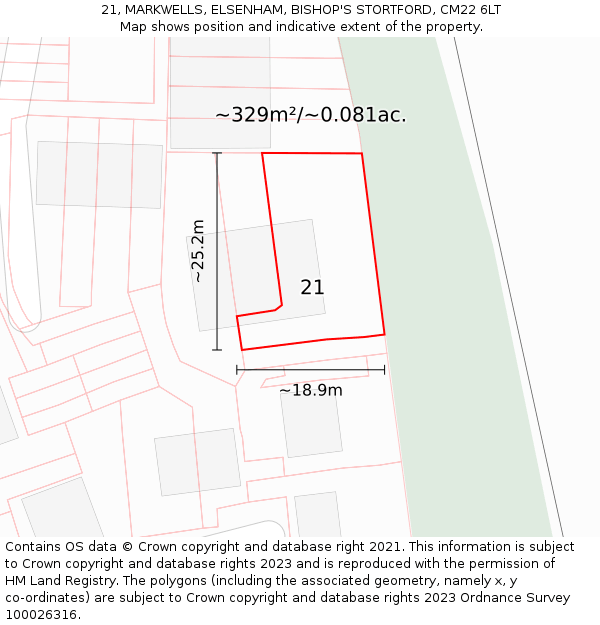 21, MARKWELLS, ELSENHAM, BISHOP'S STORTFORD, CM22 6LT: Plot and title map