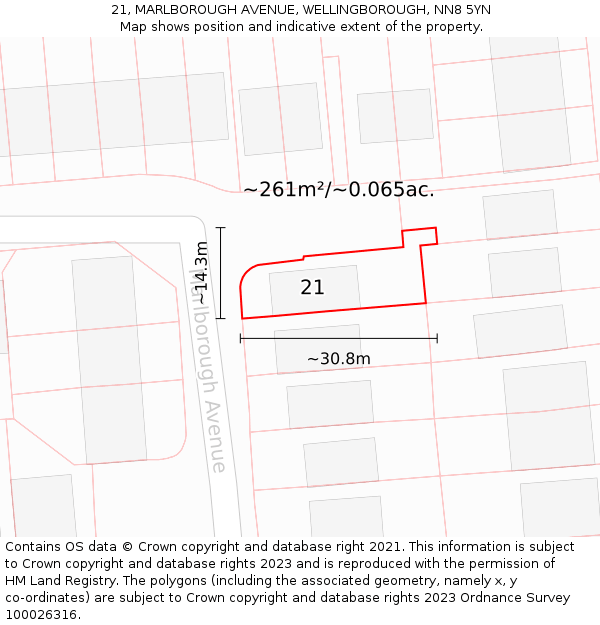 21, MARLBOROUGH AVENUE, WELLINGBOROUGH, NN8 5YN: Plot and title map