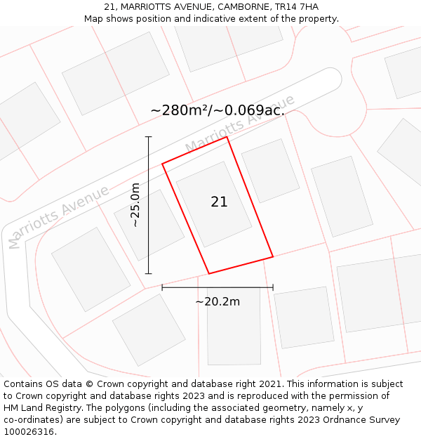 21, MARRIOTTS AVENUE, CAMBORNE, TR14 7HA: Plot and title map