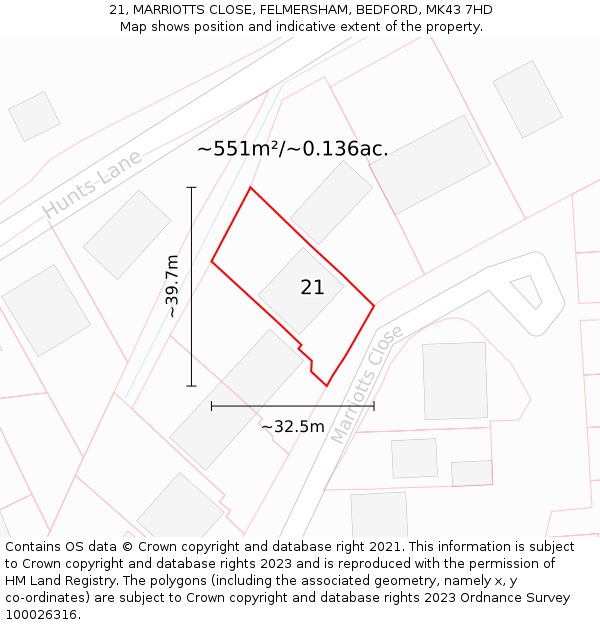21, MARRIOTTS CLOSE, FELMERSHAM, BEDFORD, MK43 7HD: Plot and title map