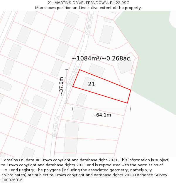 21, MARTINS DRIVE, FERNDOWN, BH22 9SG: Plot and title map