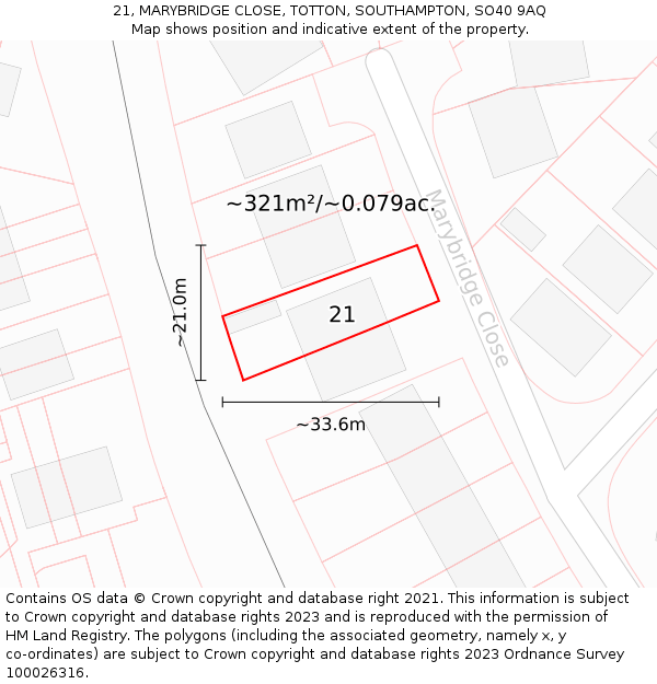 21, MARYBRIDGE CLOSE, TOTTON, SOUTHAMPTON, SO40 9AQ: Plot and title map