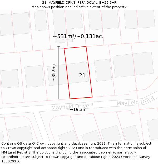 21, MAYFIELD DRIVE, FERNDOWN, BH22 9HR: Plot and title map