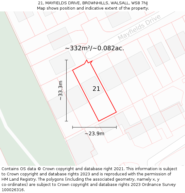 21, MAYFIELDS DRIVE, BROWNHILLS, WALSALL, WS8 7NJ: Plot and title map