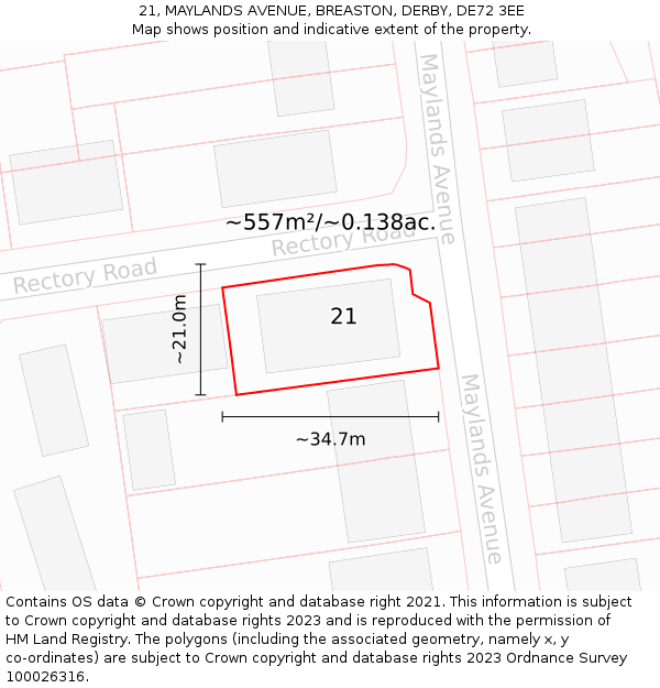 21, MAYLANDS AVENUE, BREASTON, DERBY, DE72 3EE: Plot and title map