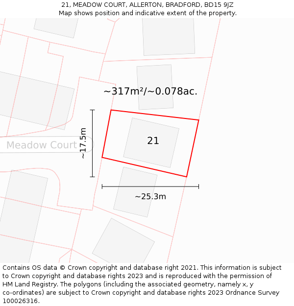 21, MEADOW COURT, ALLERTON, BRADFORD, BD15 9JZ: Plot and title map