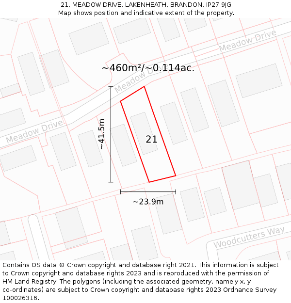 21, MEADOW DRIVE, LAKENHEATH, BRANDON, IP27 9JG: Plot and title map