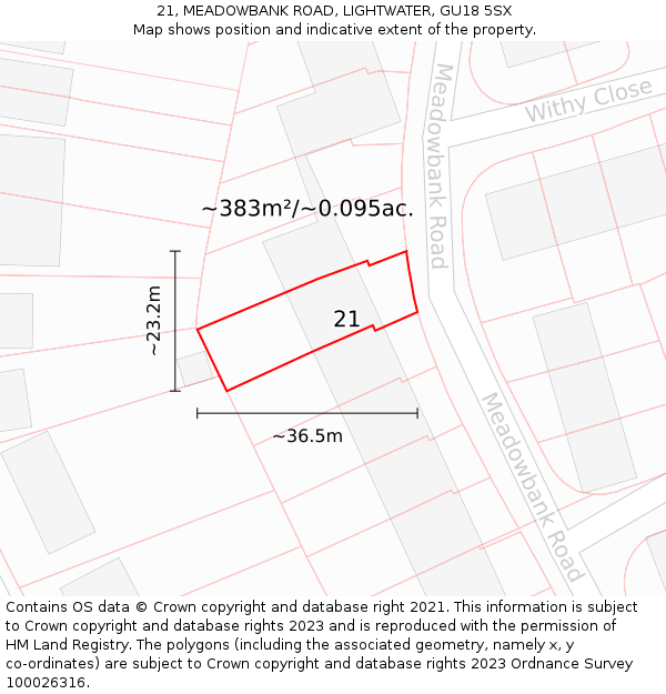 21, MEADOWBANK ROAD, LIGHTWATER, GU18 5SX: Plot and title map