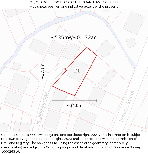 21, MEADOWBROOK, ANCASTER, GRANTHAM, NG32 3RR: Plot and title map