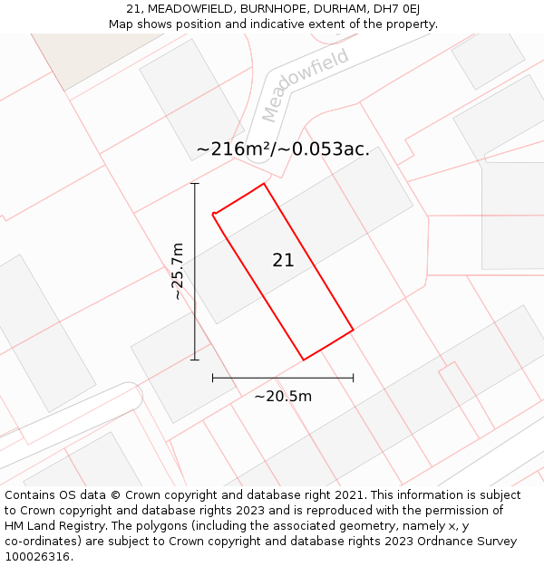 21, MEADOWFIELD, BURNHOPE, DURHAM, DH7 0EJ: Plot and title map