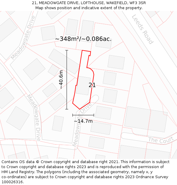 21, MEADOWGATE DRIVE, LOFTHOUSE, WAKEFIELD, WF3 3SR: Plot and title map