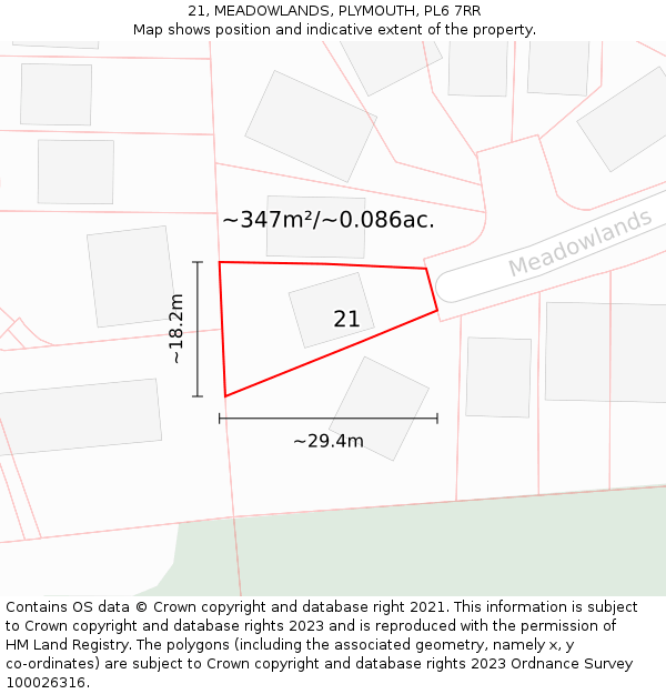 21, MEADOWLANDS, PLYMOUTH, PL6 7RR: Plot and title map