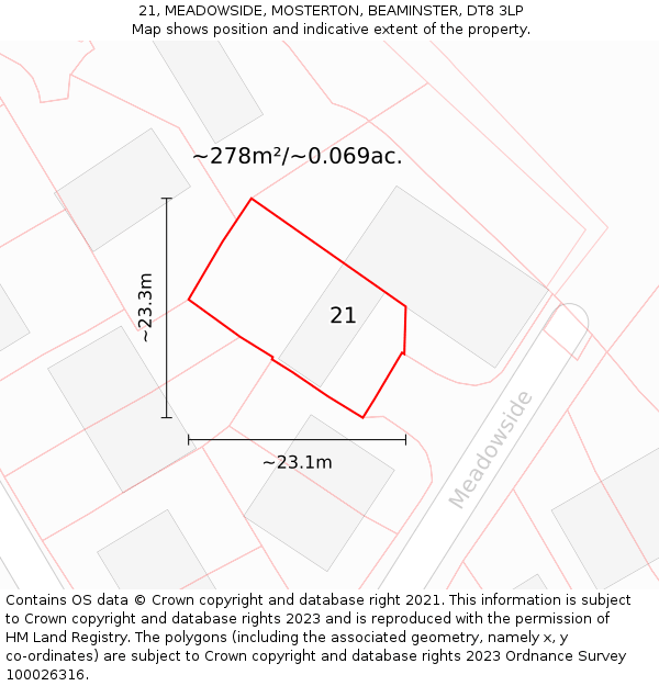 21, MEADOWSIDE, MOSTERTON, BEAMINSTER, DT8 3LP: Plot and title map