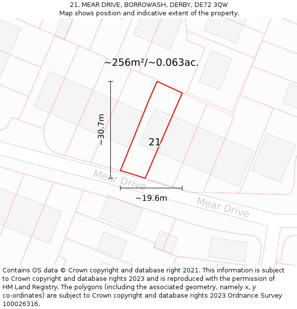 21, MEAR DRIVE, BORROWASH, DERBY, DE72 3QW: Plot and title map