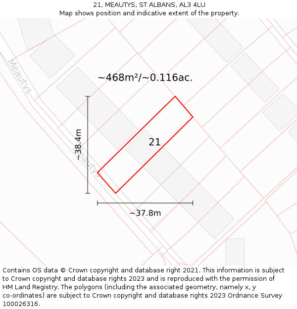 21, MEAUTYS, ST ALBANS, AL3 4LU: Plot and title map