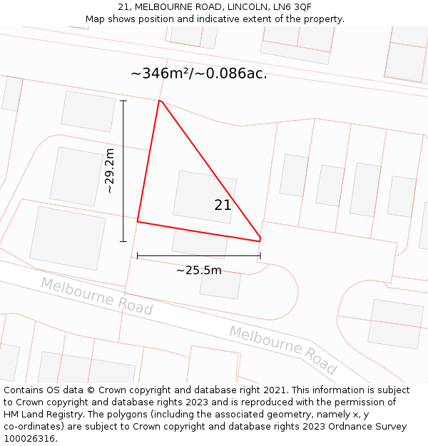 21, MELBOURNE ROAD, LINCOLN, LN6 3QF: Plot and title map