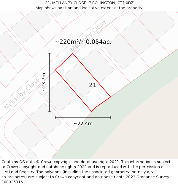 21, MELLANBY CLOSE, BIRCHINGTON, CT7 0BZ: Plot and title map