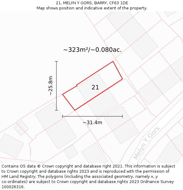 21, MELYN Y GORS, BARRY, CF63 1DE: Plot and title map