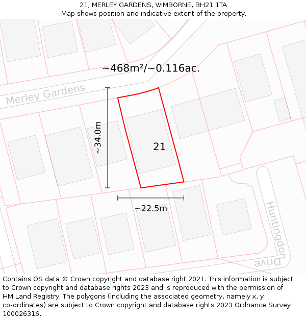 21, MERLEY GARDENS, WIMBORNE, BH21 1TA: Plot and title map