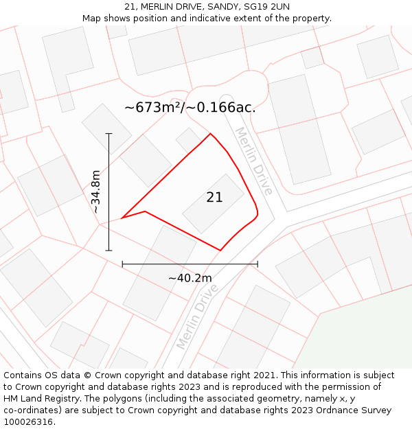 21, MERLIN DRIVE, SANDY, SG19 2UN: Plot and title map