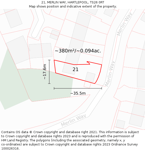 21, MERLIN WAY, HARTLEPOOL, TS26 0RT: Plot and title map