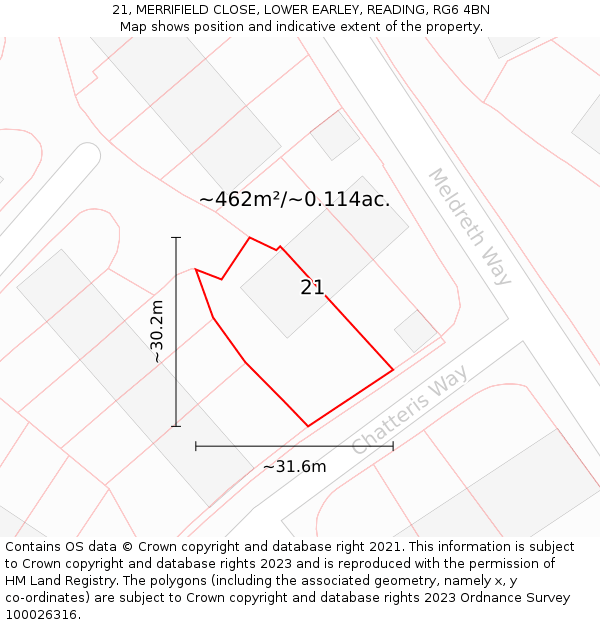21, MERRIFIELD CLOSE, LOWER EARLEY, READING, RG6 4BN: Plot and title map