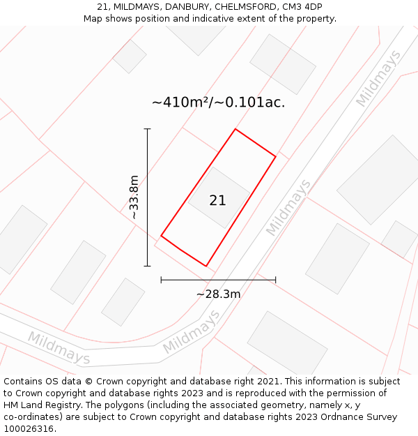 21, MILDMAYS, DANBURY, CHELMSFORD, CM3 4DP: Plot and title map