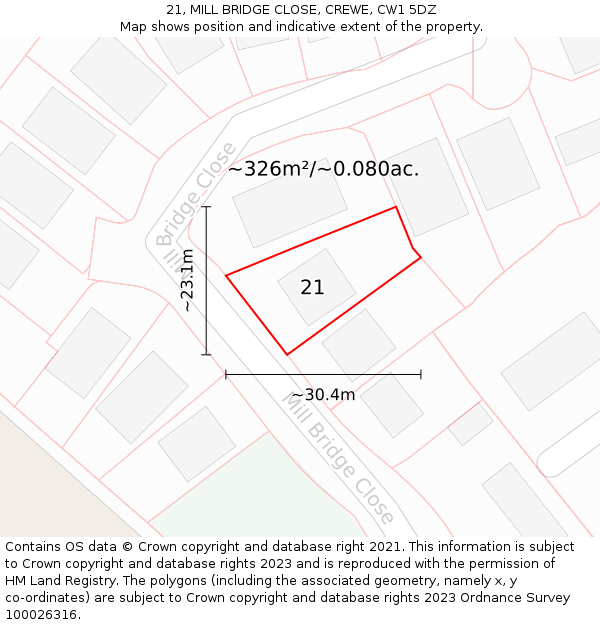 21, MILL BRIDGE CLOSE, CREWE, CW1 5DZ: Plot and title map