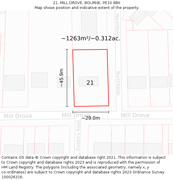 21, MILL DROVE, BOURNE, PE10 9BX: Plot and title map