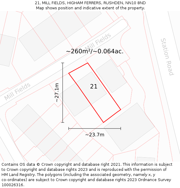 21, MILL FIELDS, HIGHAM FERRERS, RUSHDEN, NN10 8ND: Plot and title map