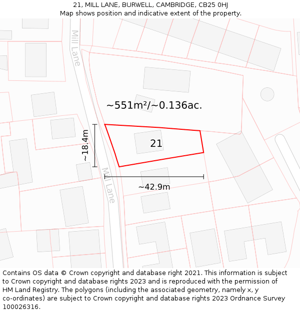 21, MILL LANE, BURWELL, CAMBRIDGE, CB25 0HJ: Plot and title map