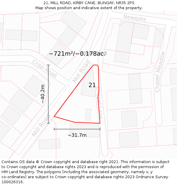 21, MILL ROAD, KIRBY CANE, BUNGAY, NR35 2PS: Plot and title map