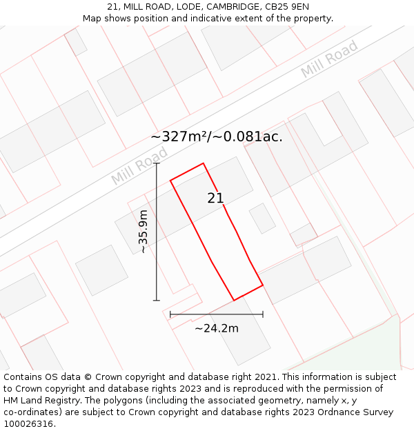 21, MILL ROAD, LODE, CAMBRIDGE, CB25 9EN: Plot and title map