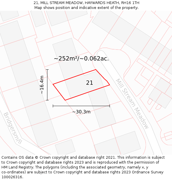 21, MILL STREAM MEADOW, HAYWARDS HEATH, RH16 1TH: Plot and title map