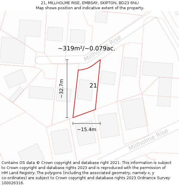 21, MILLHOLME RISE, EMBSAY, SKIPTON, BD23 6NU: Plot and title map