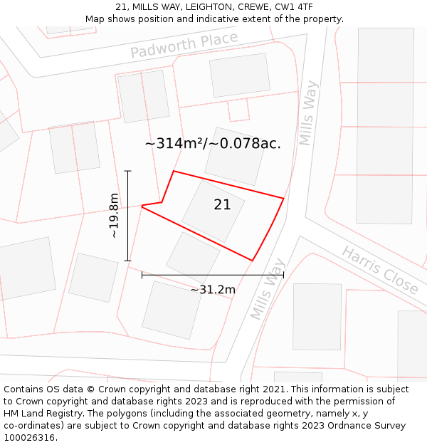 21, MILLS WAY, LEIGHTON, CREWE, CW1 4TF: Plot and title map