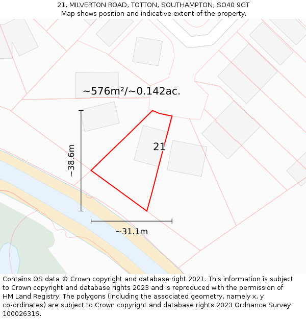 21, MILVERTON ROAD, TOTTON, SOUTHAMPTON, SO40 9GT: Plot and title map