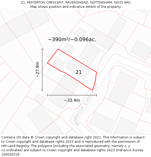 21, MISTERTON CRESCENT, RAVENSHEAD, NOTTINGHAM, NG15 9AX: Plot and title map