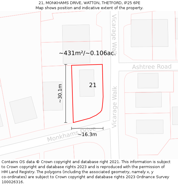 21, MONKHAMS DRIVE, WATTON, THETFORD, IP25 6PE: Plot and title map