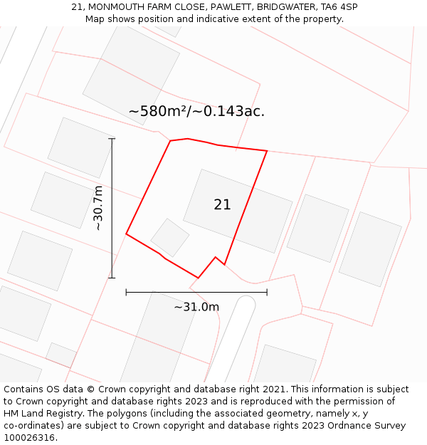 21, MONMOUTH FARM CLOSE, PAWLETT, BRIDGWATER, TA6 4SP: Plot and title map