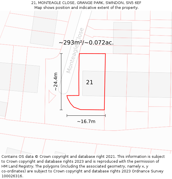 21, MONTEAGLE CLOSE, GRANGE PARK, SWINDON, SN5 6EF: Plot and title map