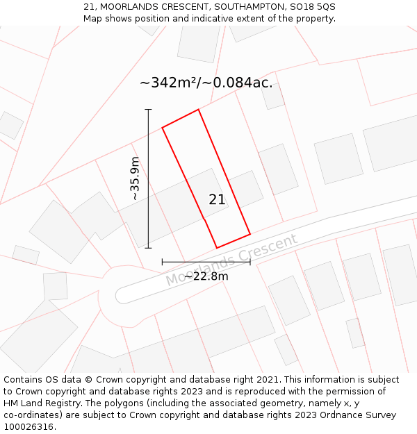 21, MOORLANDS CRESCENT, SOUTHAMPTON, SO18 5QS: Plot and title map