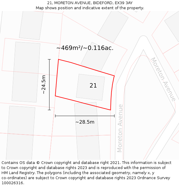 21, MORETON AVENUE, BIDEFORD, EX39 3AY: Plot and title map