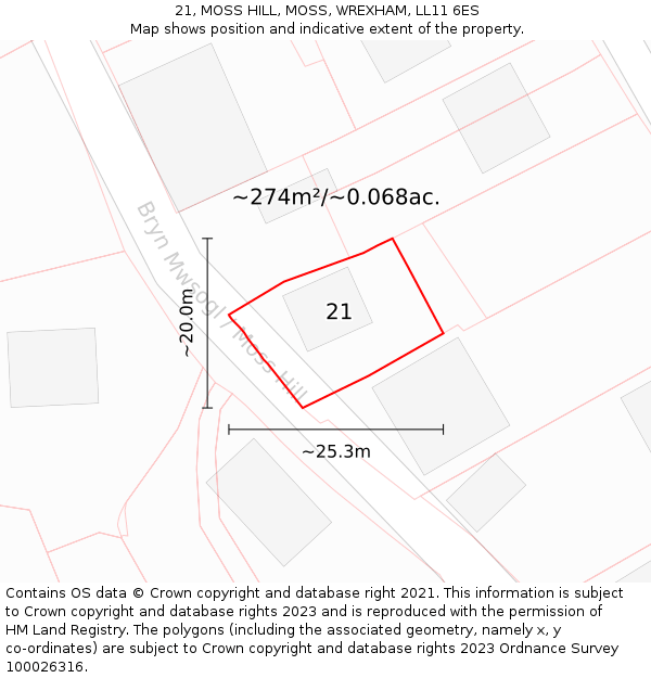 21, MOSS HILL, MOSS, WREXHAM, LL11 6ES: Plot and title map