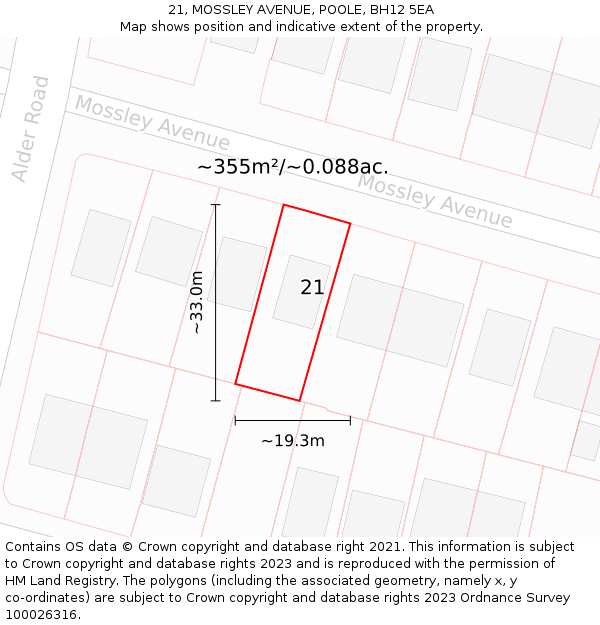 21, MOSSLEY AVENUE, POOLE, BH12 5EA: Plot and title map