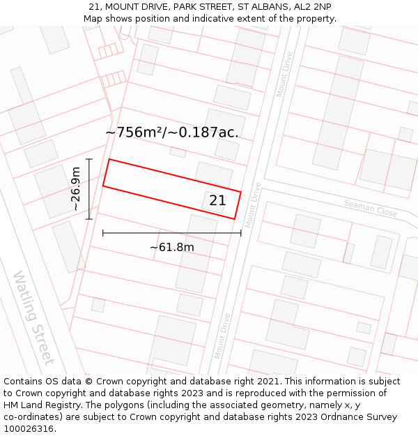 21, MOUNT DRIVE, PARK STREET, ST ALBANS, AL2 2NP: Plot and title map