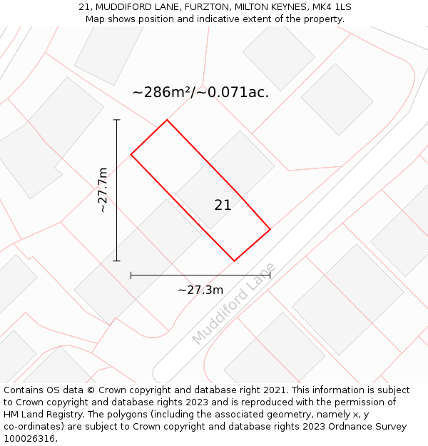 21, MUDDIFORD LANE, FURZTON, MILTON KEYNES, MK4 1LS: Plot and title map