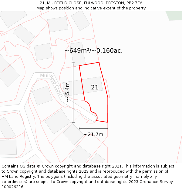 21, MUIRFIELD CLOSE, FULWOOD, PRESTON, PR2 7EA: Plot and title map